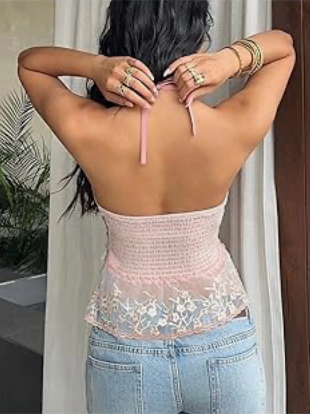 Floral Lace Trim Pink Tiered Cami Top - Picture 2 of 6